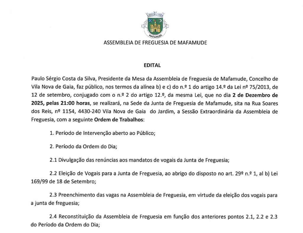 Edital – Sessão Extraordinária da Assembleia de Freguesia – 02/12/2025