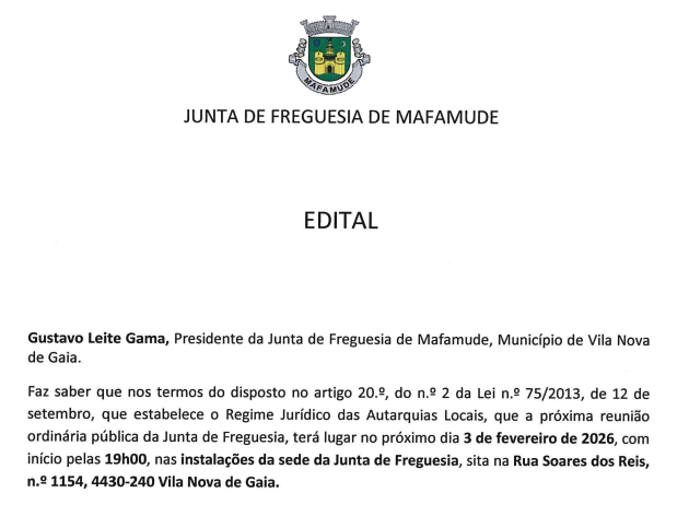 Edital – Reunião Ordinária Pública a 3 de fevereiro 2026
