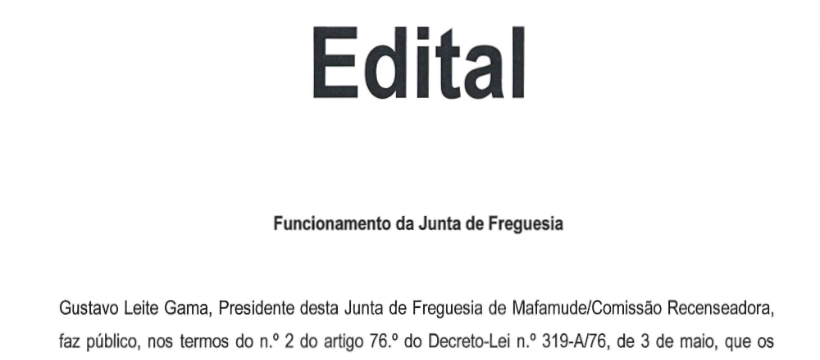 Edital – Funcionamento da Junta de Freguesia no dia das Eleições Presidenciais